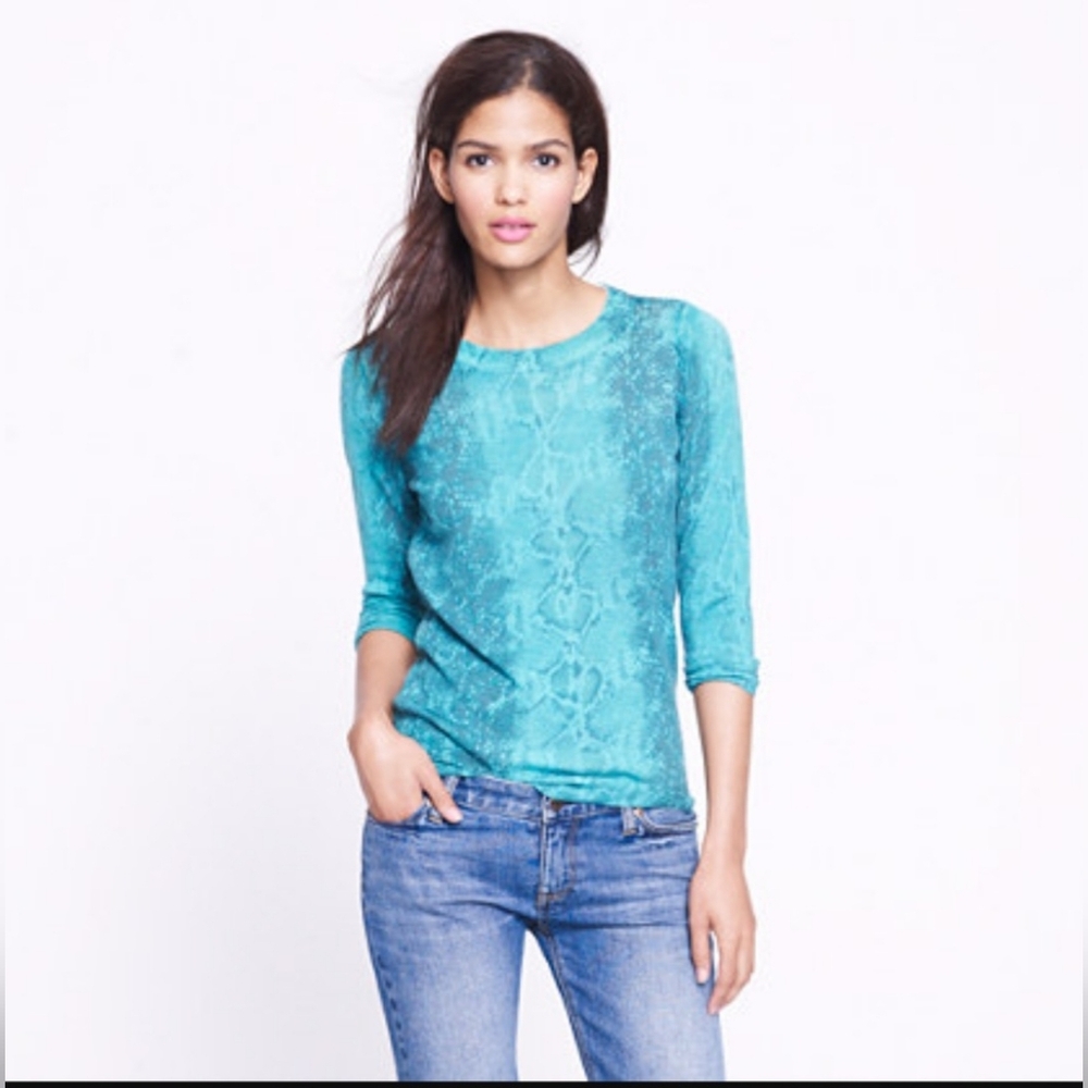 J. CREW "TIPPI" Crewneck Sweater 100% Merino Wool Teal Snakeskin Print Med NWT🎁